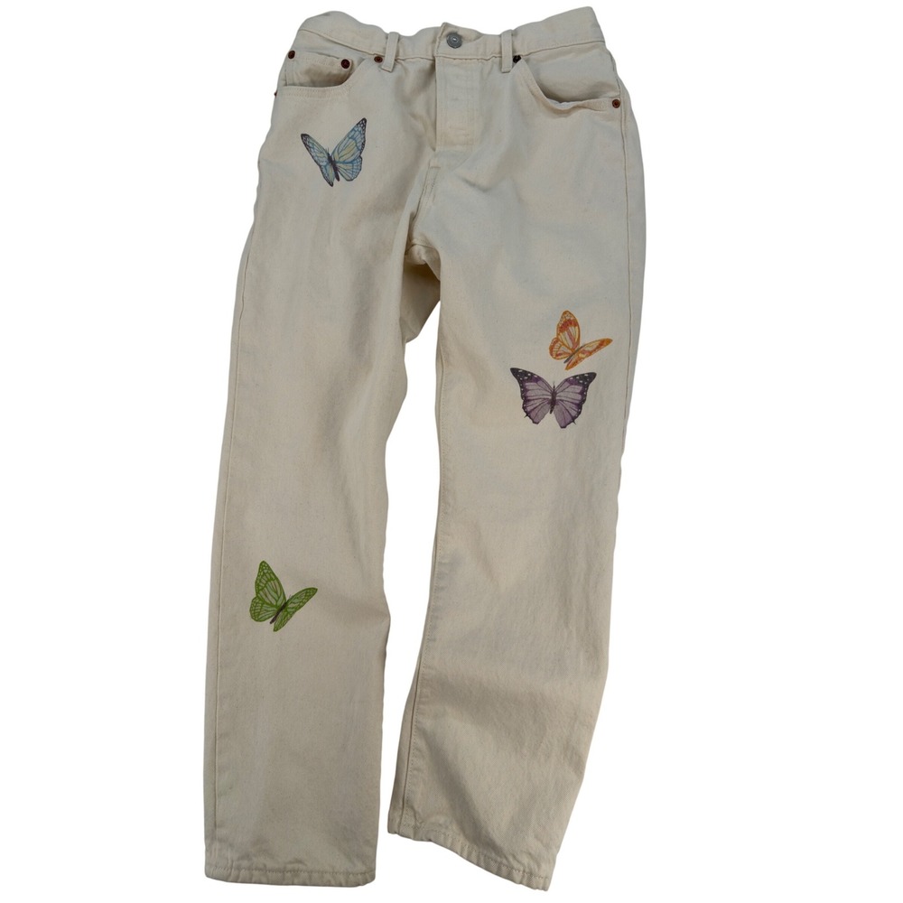 Levi's 501 Cream Jeans Butterfly Print W29 Coquette Y2K Straight‎ Leg Denim